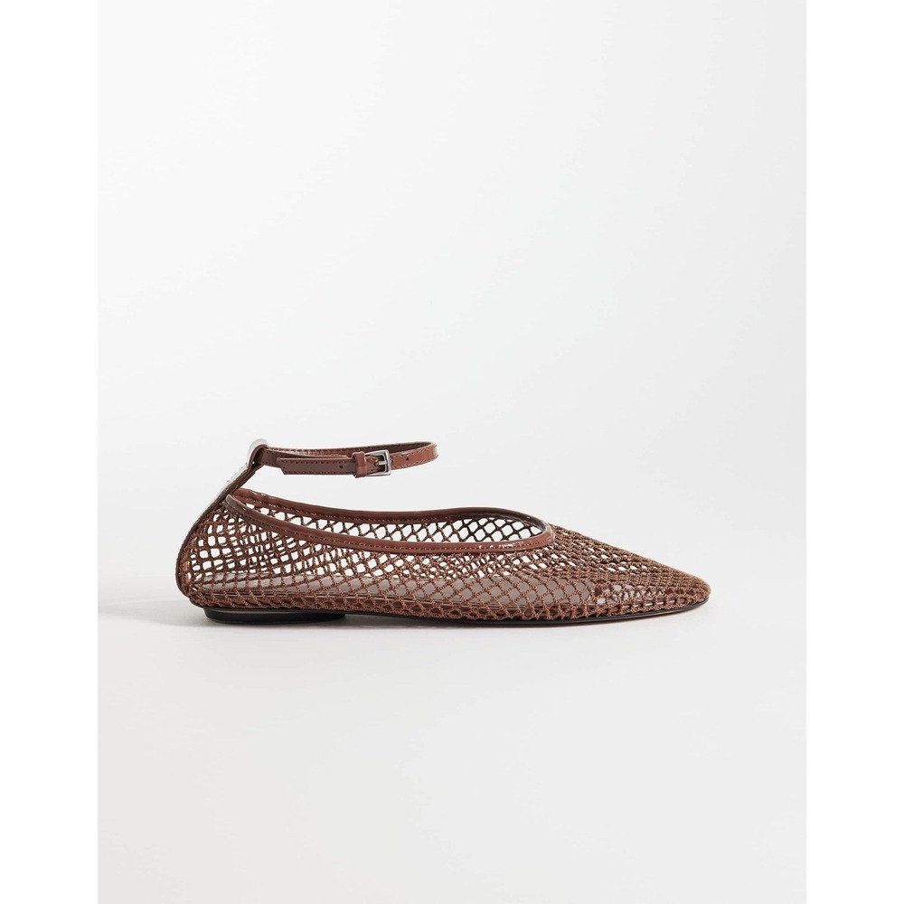 Mango Mesh Ballet Flats Women's 6 EU 36 Chocolate Brown Ankle Strap Shoes
